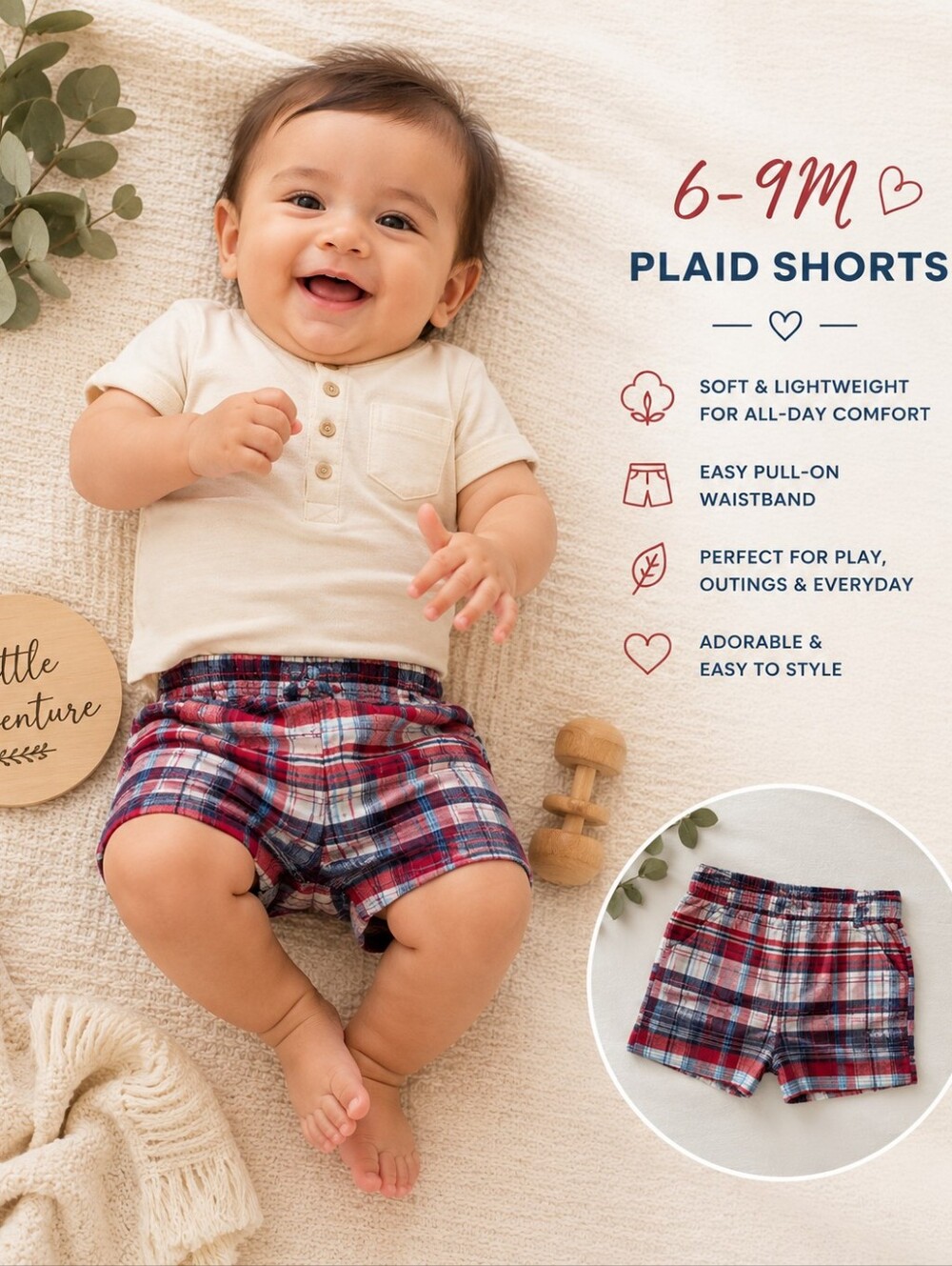 Garanimals Plaid Pull-On Shorts | 6–9M | Red Blue White Plaid